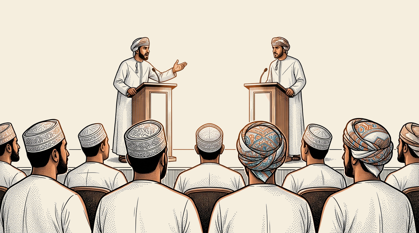 المُتَناظِرانِ على المَسرَح، والجُمهورُ يَستَمِع